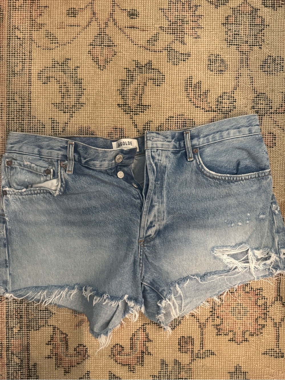 Agolde Light Blue Distressed Denim Cutoff Shorts